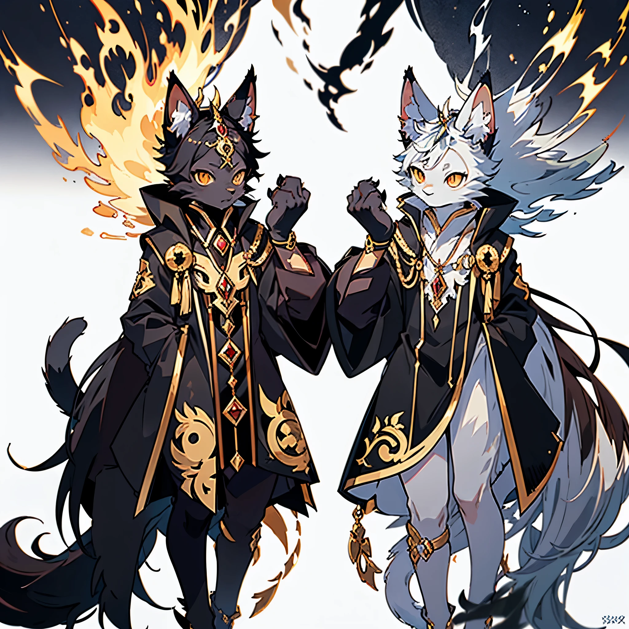 Elemental Duelist Cat, a stunning masterpiece of digital art, depicts a captivating scene with incredible attention to detail. The solo feline protagonist, dressed in an elegant ensemble, exudes an aura of power and grace. Sporting a sleek black coat and mesmerizing golden eyes, the cat's fur glistens under the dynamic light and shadow, creating a realistic and lifelike appearance. Its fur seems to shimmer, as if infused with mystical energy, giving the impression of a truly magical being.

The Elemental Duelist Cat stands on hind legs, showcasing its feline agility and confidence. Its front paws are adorned with exquisite silver gauntlets, each representing a different element. The cat's left paw radiates fiery red hues, embodying