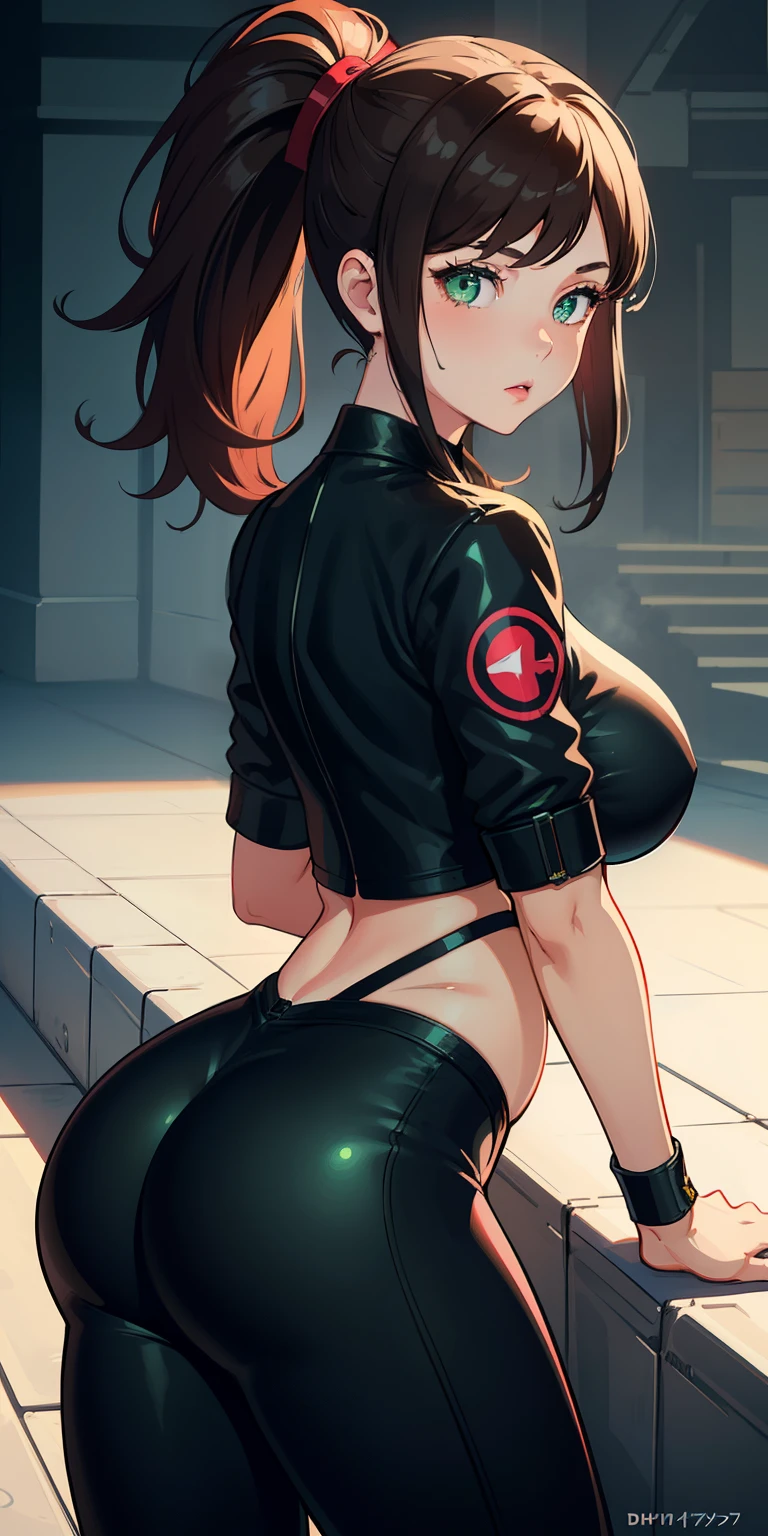 (masterpiece:1.2, best quality), (finely detailed beautiful eyes: 1.2), a girl with a brown ponytail, green eyes, big breasts, only 1 girl, age 20, black red dva jumpsuit