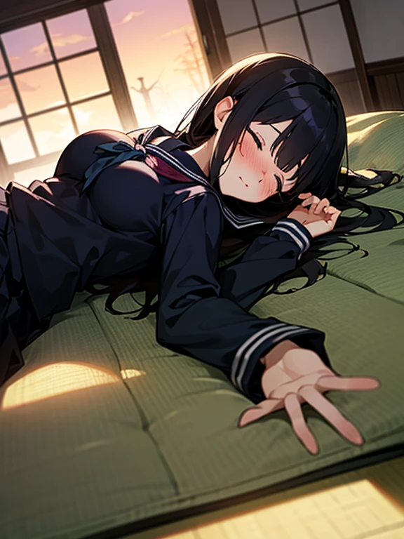 girl lays on a mattress, 1girl, solo, pretty girl, black hair, long hair, blush, (embarrassed), large breasts,(serafuku),(black serafuku),long sleeve, indoors, (Japanese-style room), tatami, Shoji,On the mattress, lying, on back, sleeping, sunset, best quality, detailed, high resolution