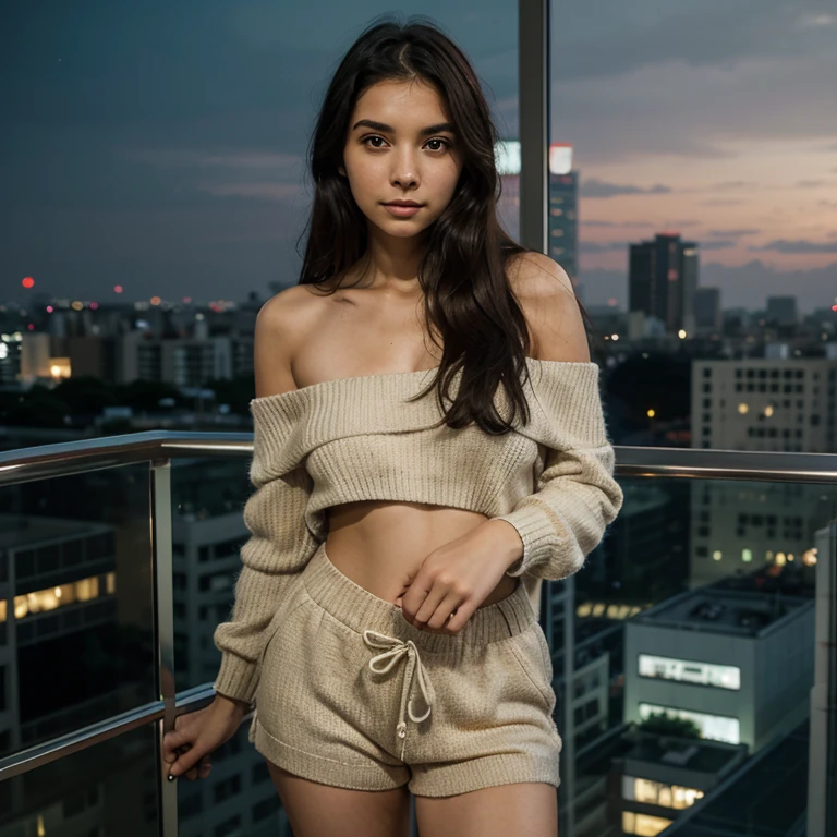 Masutepiece、highest qualityr、high resolusion、Eleonora Pavinato, 23 years old, Younger headshot, long Black hair, Beautiful firm breasts are comb big oczami seksowna, realistic skin, beautiful refined skin, real skin texture, Tokyo hotel balcony, overlooking skyline, in beige off-shoulder sweater and lounge shorts, reflective, city lights background, wide angle shot, indian