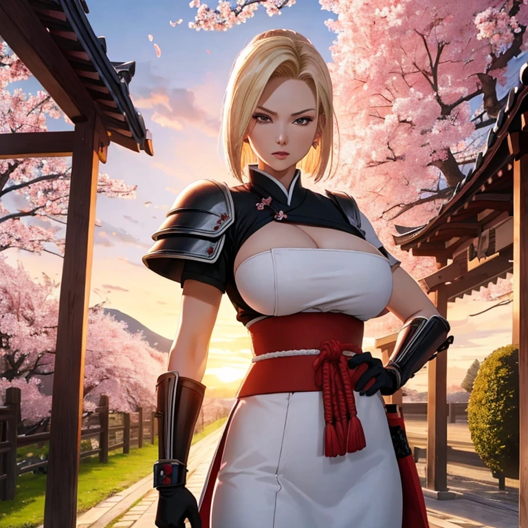 masterpiece, top quality, 4K UHD,
standing,
Android 18 in Ronin Samurai outfit, huge breasts,
backdrop, cherry blossom trees, sunset,
samurai sword, traditional armor, serious expression.