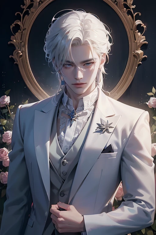 there is a man with white hair and a white suit holding a rose, by Yang J, ig model | artgerm, extremely detailed white haired deity, beautiful androgynous prince, neoartcore and charlie bowater, epic exquisite male character art, approaching perfection, shot with Sony A7 IV for HD image quality, 办公室