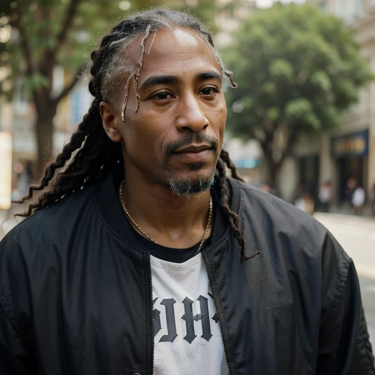 "Hypothetical depiction of an aging Tupac Shakur today: With graying curls and a mature beard, Tupac would maintain his characteristic eye contact and charismatic smile. Dressed in a combination of stylish, mature attire yet still carrying a touch of streetwear, he would exude a refined elegance with a continued commitment to social and political issues. His expression would bear traces of life experience and wisdom, as he continued to leave an inspiring and timeless impact on the world."