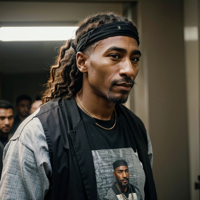 "Hypothetical depiction of an aging Tupac Shakur today: With graying curls and a mature beard, Tupac would maintain his characteristic eye contact and charismatic smile. Dressed in a combination of stylish, mature attire yet still carrying a touch of streetwear, he would exude a refined elegance with a continued commitment to social and political issues. His expression would bear traces of life experience and wisdom, as he continued to leave an inspiring and timeless impact on the world."