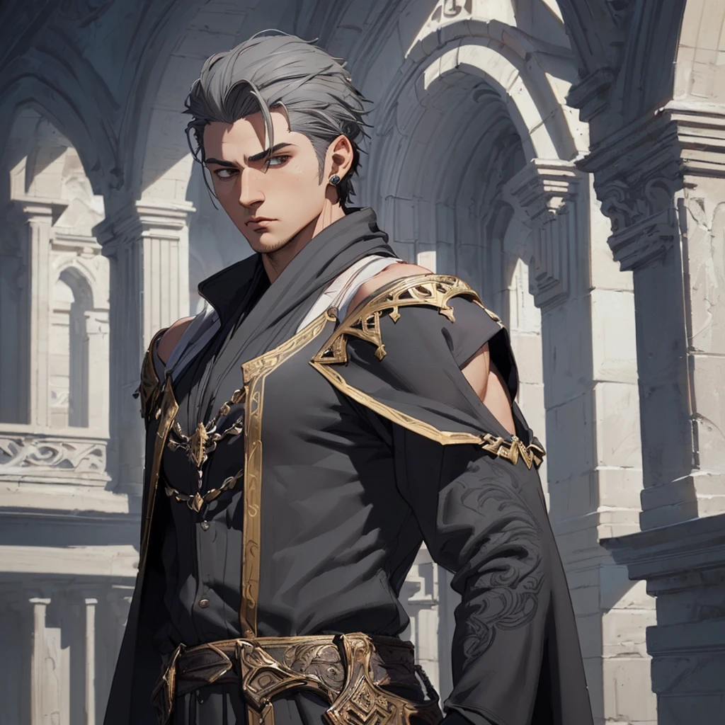 ((POV)), (1male), adult, male, murderer, standing still, ((solo)), (forehead), ((buzzcut + sidecut)), medium bangs, voluminous short hair, brown hair, handsome, serious man, brown eyes, ((((Large mantle:1.5, gray robe))), (sleeveless black blouse), buttons, wide trapeze, bare shoulder, square chin, square head, random art, ((black cover with brox)), muscular, muscular arm:0.8, dark fantasy, medieval, ((ultra detailed face, cinematic, ultra detailed, concept art, illustration 4d, 16k)), shadowverse style