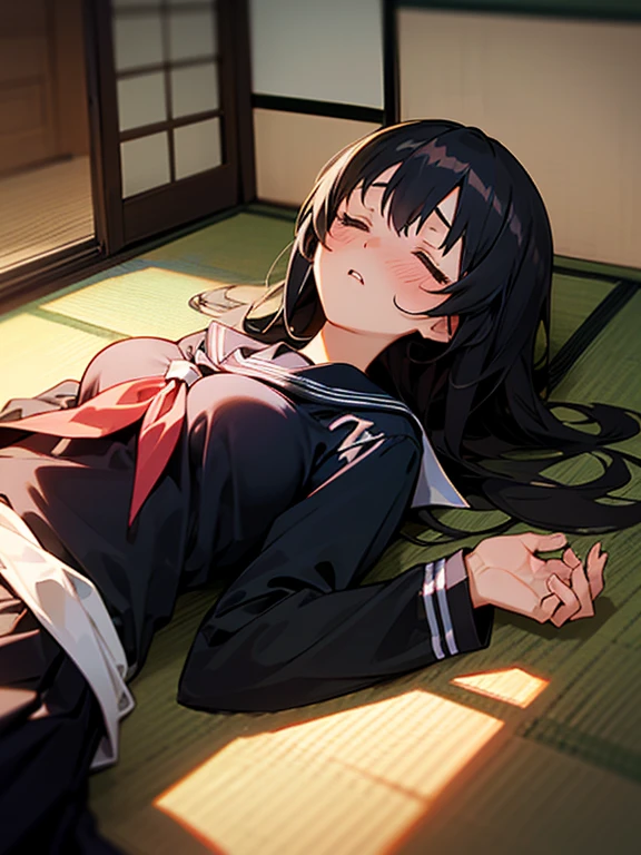 1girl, solo, pretty girl, black hair, long hair, blush, (embarrassed), large breasts,(serafuku),(black serafuku),long sleeve, (Japanese-style room), tatami, Shoji, lying, on back, sleeping, parted lips, (looking up:1.0), sunset, best quality, detailed, high resolution