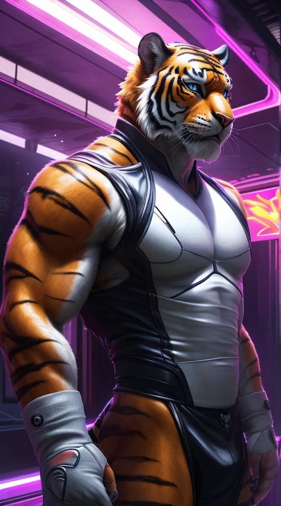 (best quality,4k,8k,highres,masterpiece:1.2),ultra-detailed,(realistic,photorealistic,photo-realistic:1.37),tiger,daddy,buff,sexy,retro anime,clean,futuristic,illustration,sharp focus,vivid colors,physically-based rendering,studio lighting,eye-catching composition,captivating intensity,ambient lighting,emotionally-charged atmosphere