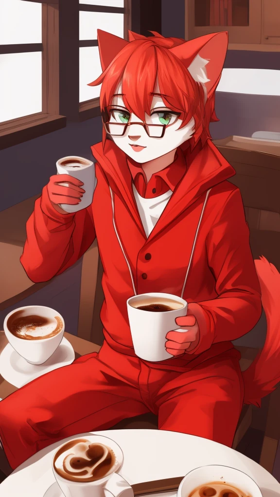 red suit，coffee，Cat，Glasses