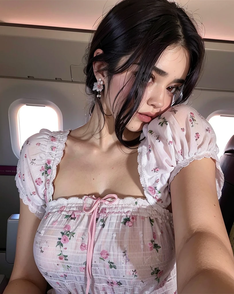 Arafed woman in a pink dress sitting on a plane., Kylie Jenner, Ojos morados y vestido blanco, vistiendo un vestido floral rosa, Dua Lipa, cerveza madison, usando un lindo top, mangas abullonadas, Kendall Jenner, violeta myers, en un vestido, soft devil queen cerveza madison, wearing a nightgown, tapa morada, ropa floral, Busto, Selena Gomez