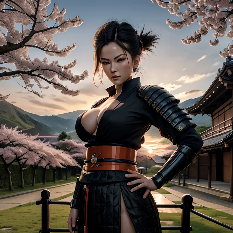masterpiece, top quality, 4K UHD,
standing,
Android 18 in Ronin Samurai outfit, huge breasts,
backdrop, cherry blossom trees, sunset,
samurai sword, traditional armor, serious expression.