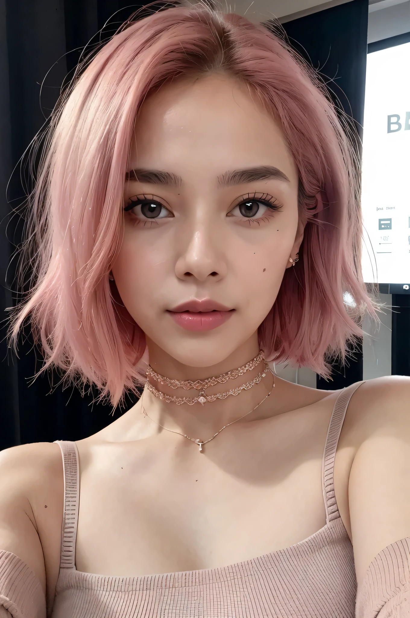 Selfie of a 23-year-old girl, Alone, slightly short pink hair, view at viewer, pink hair, Shoulders, Brown eyes, jewel, Full body lesbian, choker, cropped shoulders, Sweaters, open, present, Nose, flirting with camera, big breasts, on a recording set