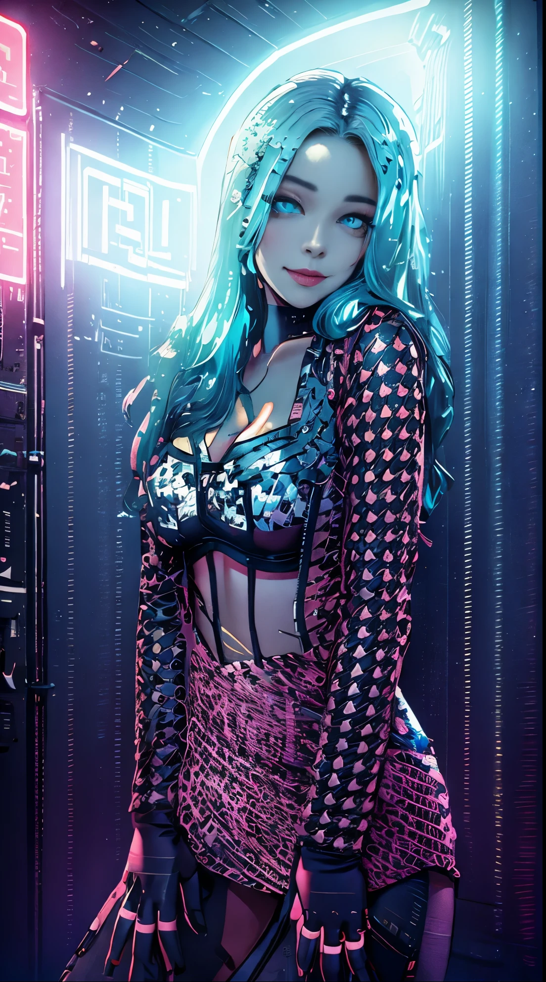 (masterpiece,best quality,ultra detailed),HD,smooth shading,refined details,profesional photograph,high-quality rendering,vibrant color,BREAK,expressive eyes,perfect face,perfect anatomy,detailed fingers,(detailed eyes and eyes),BREAK,beautiful,1girl,cyberpunk girl,light blue eyes,gradient hair,(blonde hair,blue hair),slender figure,large breasts,BREAK,long sleeves,midriff,cleavage,bare legs,BREAK,houndstooth dress,short suit,(neon trim),ring,BREAK,smirk,outdoors,cyberpunk city,nightime,neon light,vibrant neon,dystopia,futuristic