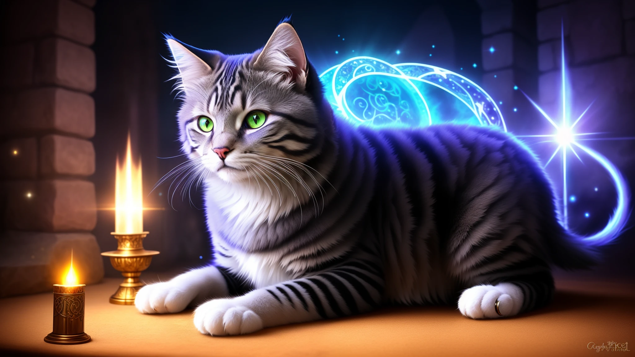 A sorcerer cat, (mythical: 1.1), (detailed fur: 1.3), (magical aura: 1.2), HDR, (highly-detailed: 1.2), cinematic shot, enchanted, mystical, intriguing, witchcraft, glowing eyes, surrounded by a circle of glowing runes, wearing a pointed hat adorned with crystals, mystical aura emanating from its body, feline features softened by a gentle, magical glow, hypnotizing gaze, captivating presence, hyper-realistic illustration, mythical creature, sorcerous feline, crystalline accessories