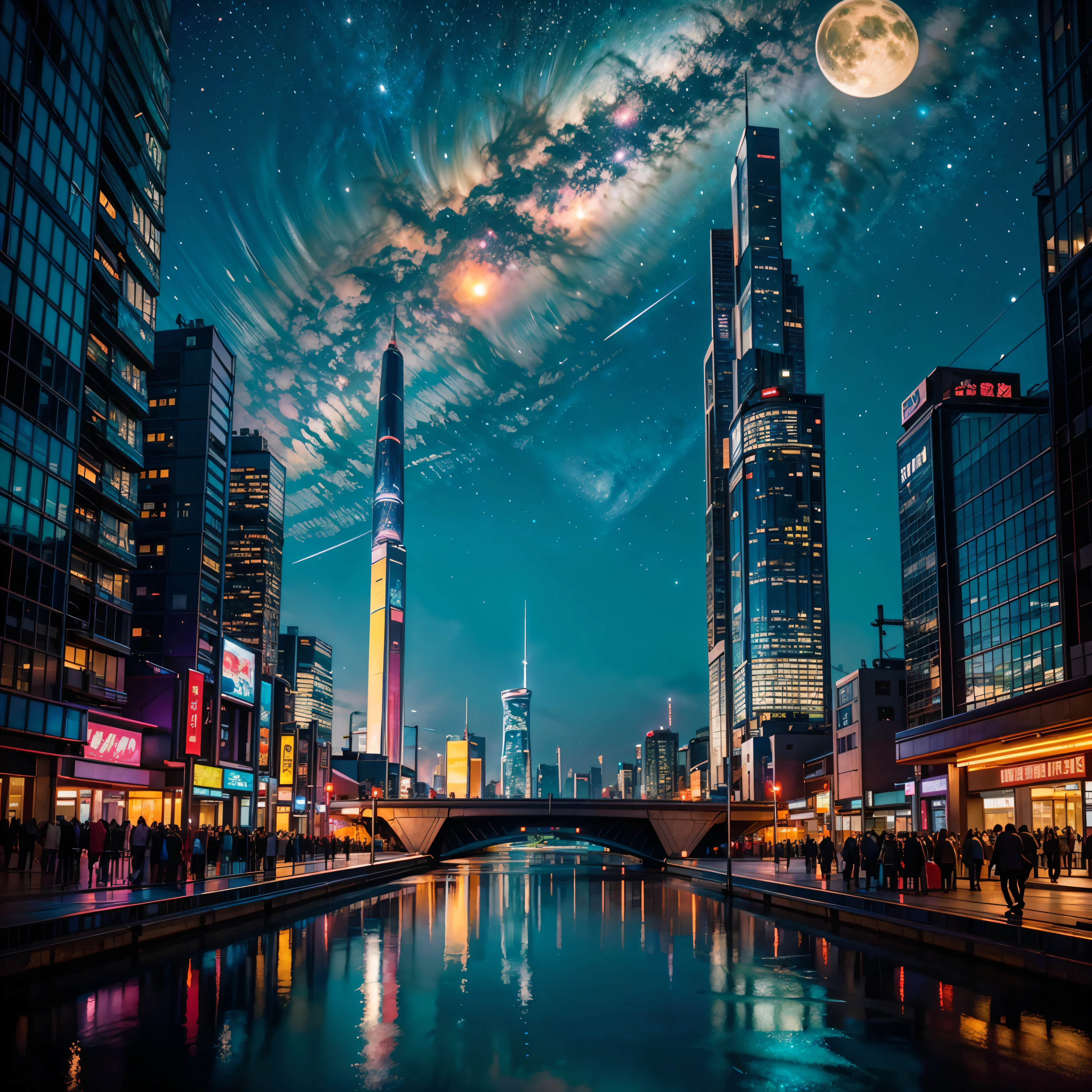 (nebulae hyper Nebula starry_sky Moonset epic moonrise spacious moonshine) In this futuristic image of a city at night,We were taken into a city full of technology and innovation。Tall skyscrapers glow with neon lights in the night sky,Forming a series of colorful lines。The facades of these buildings are covered with reflective materials,Reflects surrounding lights,Create a futuristic atmosphere。 On the streets of the city,Driverless cars and aircraft fly by,They leave colorful trails in the night sky。These vehicles are made of smooth metal and transparent materials,It gives a sense of technology and the future。People wear fashionable clothing,Wearing smart glasses and bracelet,Integrate with technology。 The center of the city a huge,There a huge water screen projection on,Displays a variety of gorgeous images and animations。People surround the water curtain projection,Admire the art works and technology displayorming a unique interactive experience。surrounded by a green belt,Planting plants of the future,These plants emit faint fluorescence,Adding a touch of vitality and natural flavor to the city。 In the distance of the picture,We can see a huge spaceport,The spaceship taking off,Carrying people to unknown areas of the universe。The spaceport’s architectural design unique,Full of curves and streamlined elements,It gives a sense of futuristic technology。 The whole picture full of a sense of technology and the future,Showing a future city full of innovation and imagination。This painting rich in detail,vibrant with colorull of imagination and creativity,It makes people feel like they are in a future world full of technological wonders, (Cyberpunk night❤heart view, ultra - detailed, intricately details, deep colour, realisticlying, tmasterpiece, cinmatic lighting, bokeh, Unreal Engine 5, rendering by octane, movie smoothing , reflection luminescence Crystalline glow hearth) blooms floraison invoke magic monarch varies multi etc. --s 1000 --c 20 --q 20 --chaos 100