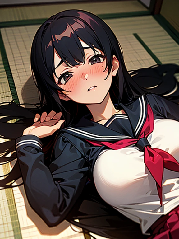 1girl, solo, pretty girl, black hair, long hair, blush, (embarrassed), large breasts,(serafuku),(black serafuku),long sleeve, (Japanese-style room), tatami, Shoji, lying, on back, parted lips, (looking up:1.0), sunset, best quality, detailed, high resolution