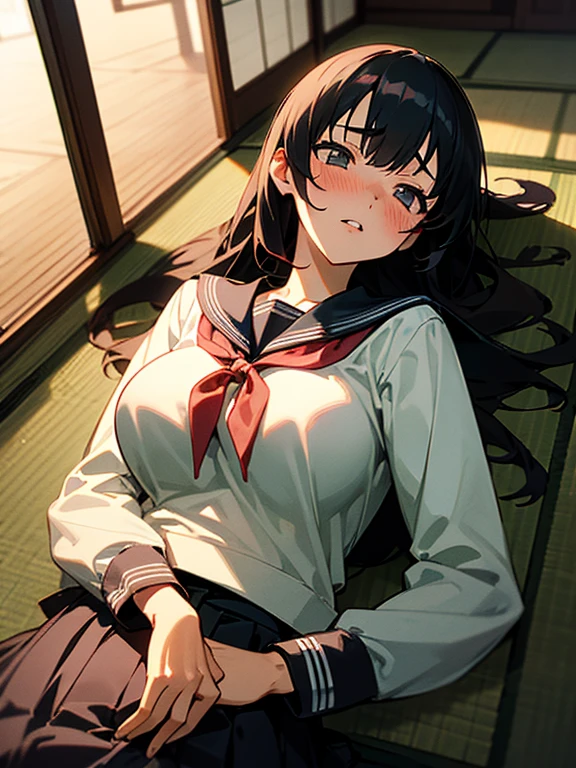 1girl, solo, pretty girl, black hair, long hair, blush, (embarrassed), large breasts,(serafuku),(black serafuku),long sleeve, (Japanese-style room), tatami, Shoji, lying, on back, parted lips, (looking up:1.0), sunset, best quality, detailed, high resolution