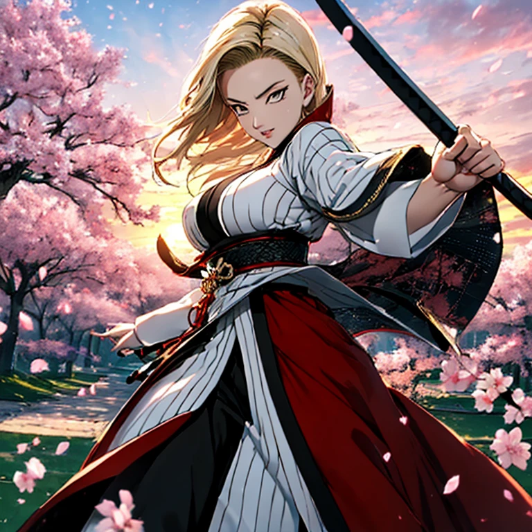 masterpiece, top quality, 4K UHD,
standing,
Android 18 in Ronin Samurai outfit, huge breasts,
backdrop, cherry blossom trees, sunset,
samurai sword, traditional armor, serious expression.