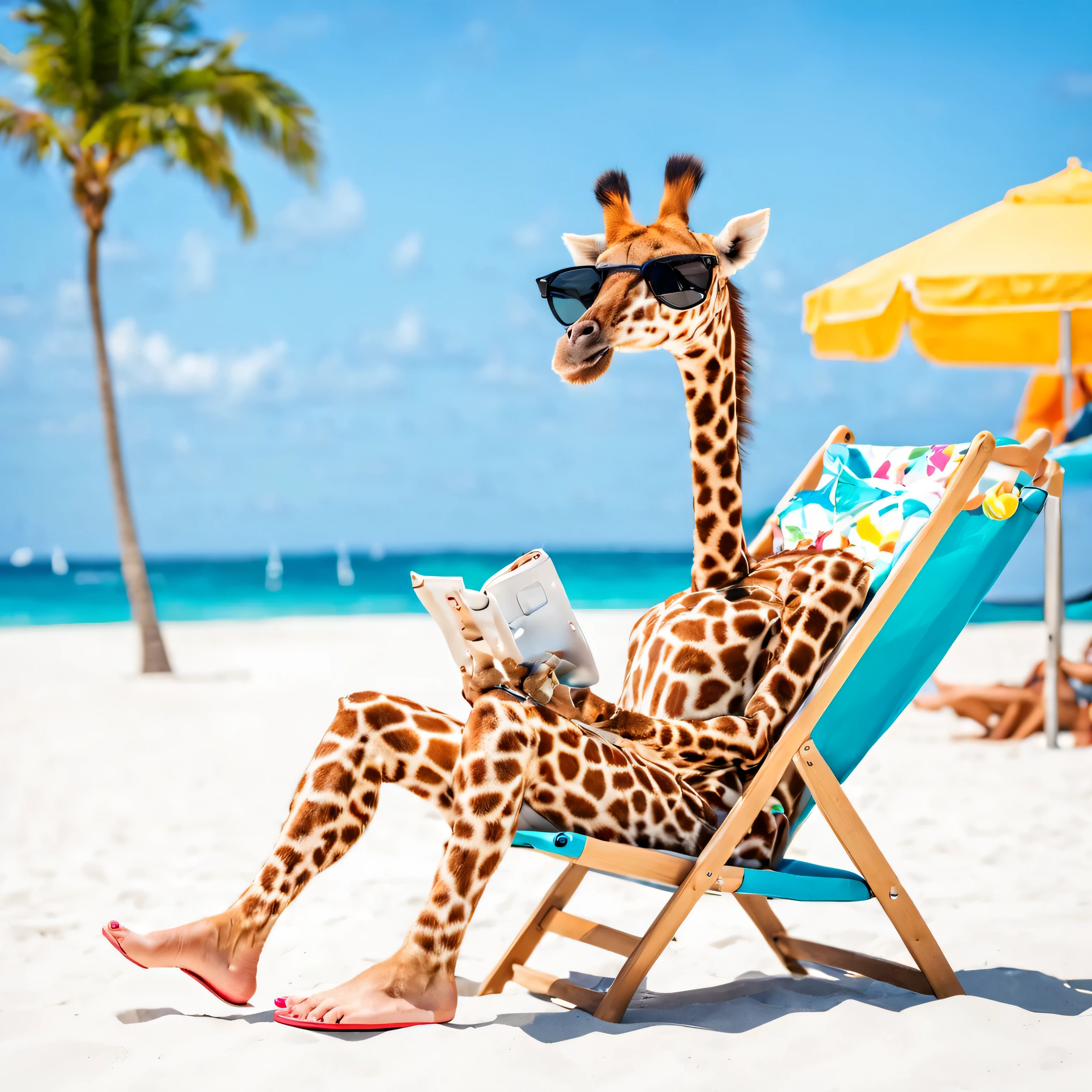 araffe sitting on a beach chair with a pair of sandals, sitting at the beach, relaxing at the beach, in the beach, sitting on the beach, relaxing on the beach, 🤬 🤮 💕 🎀, in a sun lounger, is relaxing on a beach, at a tropical beach, relaxed pose, it's is relaxing on a beach