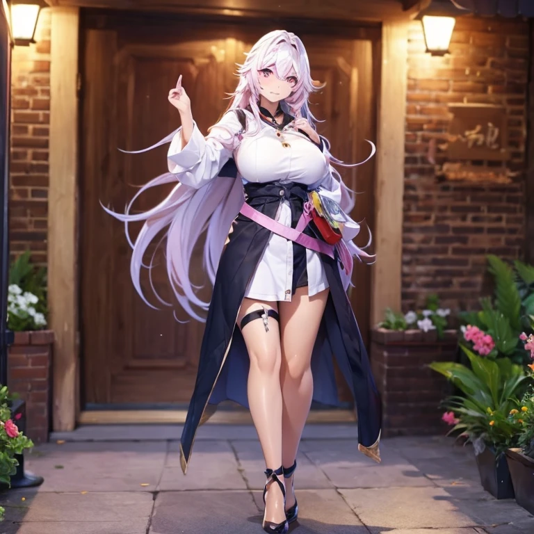 A girl with long white hair and pink eyes stands alone with large breast, tan skin, full body,