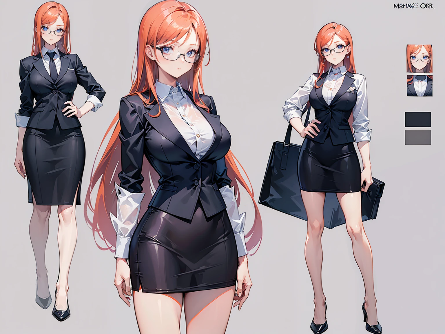 ((Masterpiece, Highest quality)), Detailed face, character design sheet， full bodyesbian, Full of details, frontal body view, back body view, Highly detailed, Depth, Many parts, young girl with long hair ginger, gorgeous girl, muscle body, business clothes, girl tall, sexy secretary, glasses, short black skirt