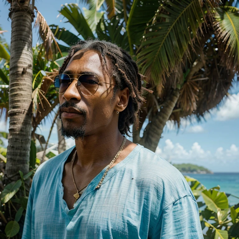 "Hypothetical depiction of an aging Tupac Shakur on a tropical island, where he has lived for many years: Donning sunglasses and casual attire, Tupac would relish in the island's paradisiacal surroundings. His graying hair would blend with the colors of the environment as he exudes tranquility and wisdom. Clothed in light and airy garments, he reflects his laid-back lifestyle while continuing to be inspirational and engaged in the island's community."






