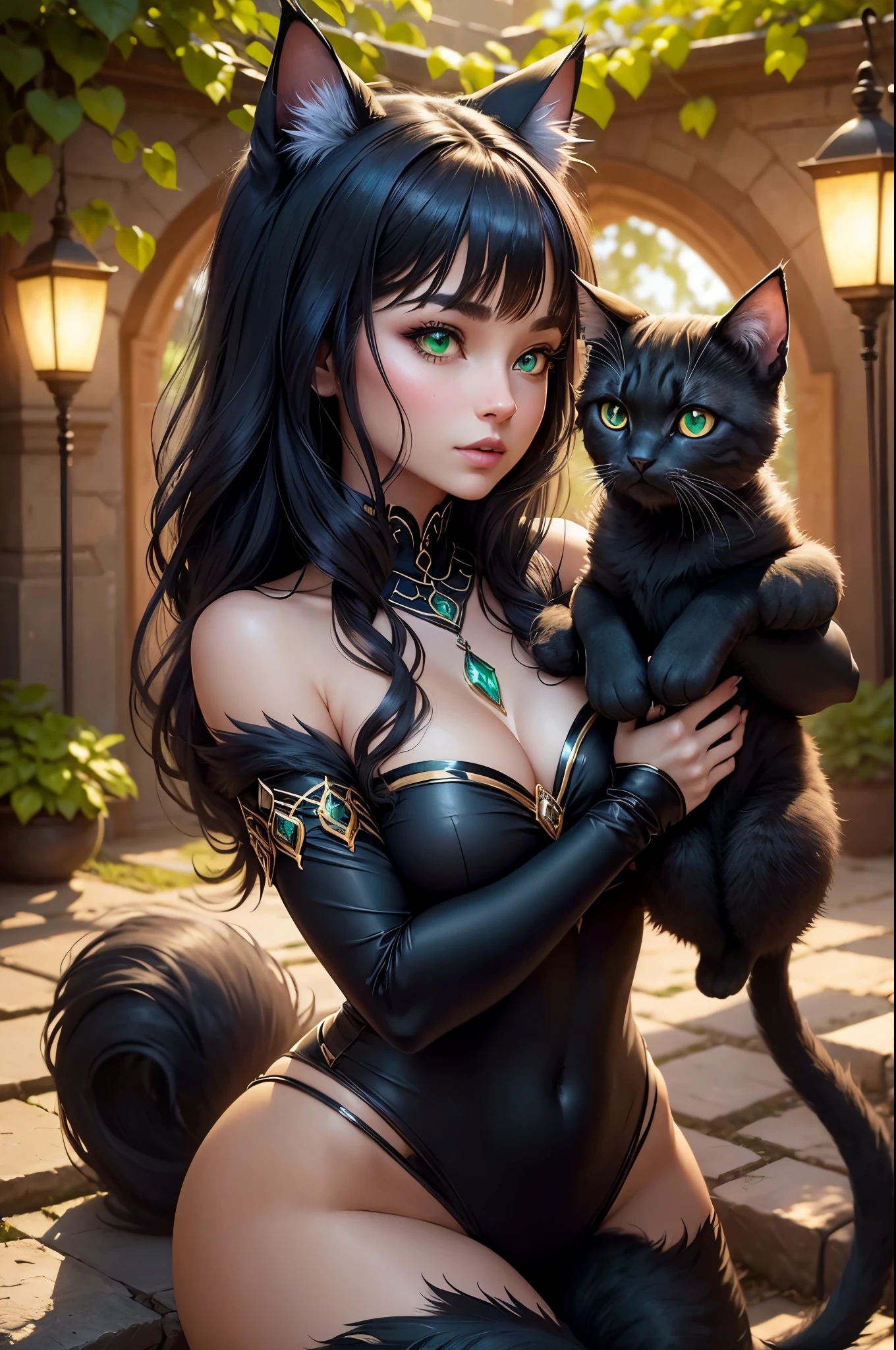 Enchantress Cat: A mystical feline figure with captivating allure, this Enchantress Cat is a mesmerizing sight to behold. With emerald-green eyes that seem to twinkle with magic, her sleek black fur is adorned with shimmering crystal gems and glowing runes. Her enchanting tail holds a spark of mystical energy, ready to cast its spell on those around her. This cat is often seen in a tranquil setting, surrounded by a lush garden brimming with vibrant blooms, her serene gaze focused on the wonders of the natural world.
