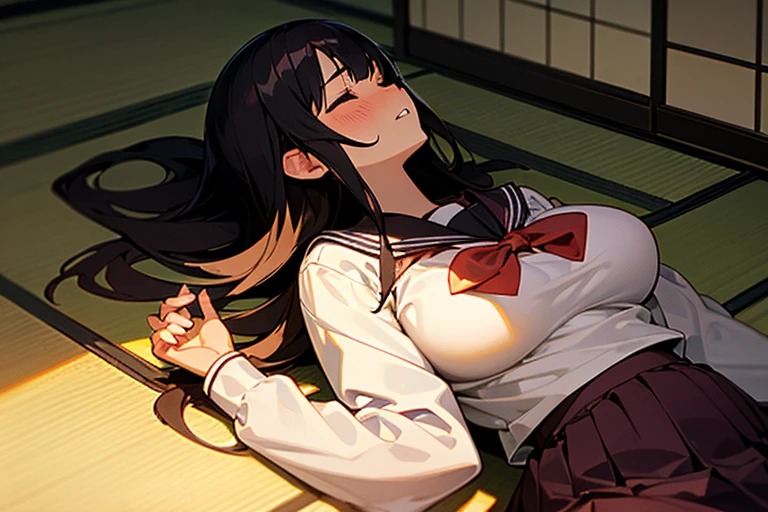 1girl, solo, pretty girl, black hair, long hair, blush, (embarrassed), large breasts,(serafuku),(black serafuku),long sleeve, (Japanese-style room), tatami, Shoji, lying, on back, sleeping, parted lips, (looking up:1.0), sunset, best quality, detailed, high resolution