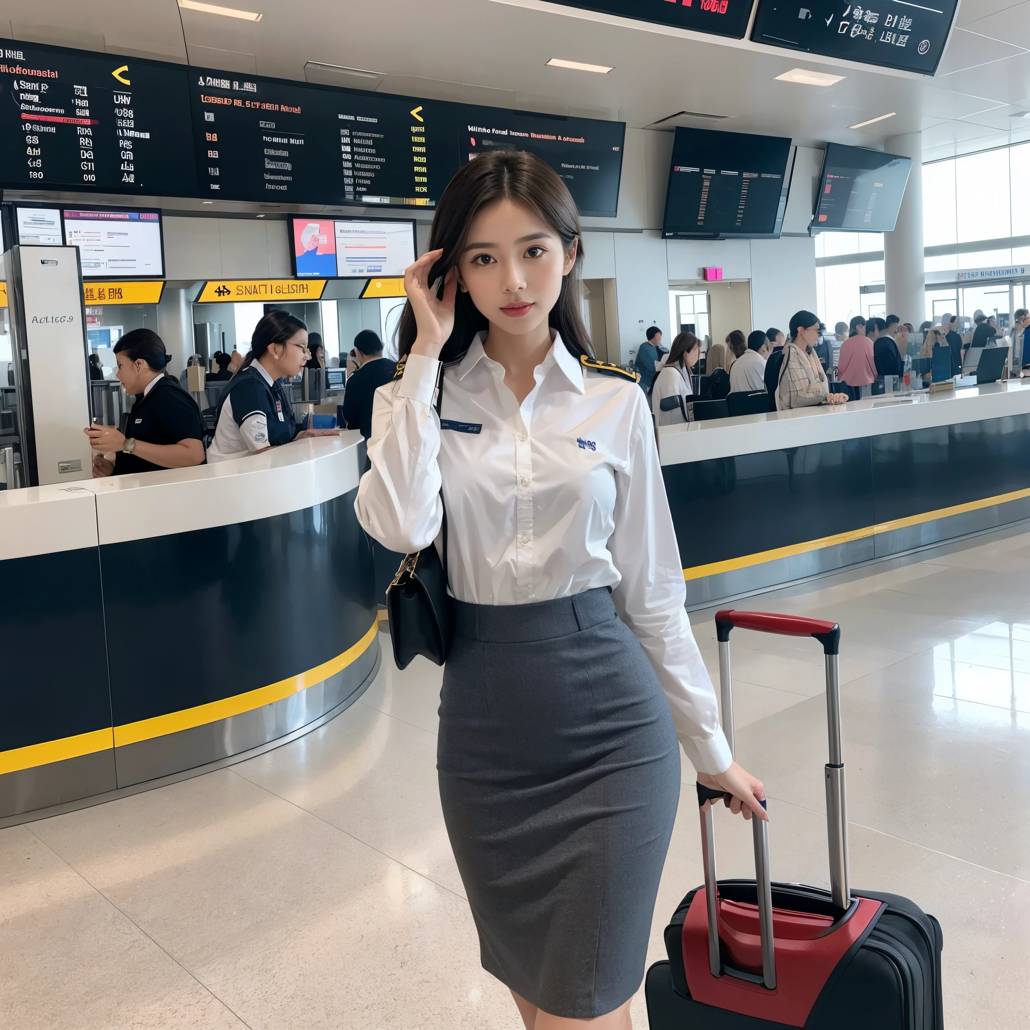 Certainly! Here's another prompt for you:
"Imagine a bustling airport terminal filled with travelers from all walks of life. Among the crowd stands a stunning flight attendant named Sophia, wearing a chic and form-fitting uniform that exudes confidence. As she goes about her duties, delve into her interactions with passengers, the stories that unfold, and the unexpected connections she forms along the way. Explore the excitement, challenges, and human connections that define Sophia's journey through the fast-paced world of aviation."