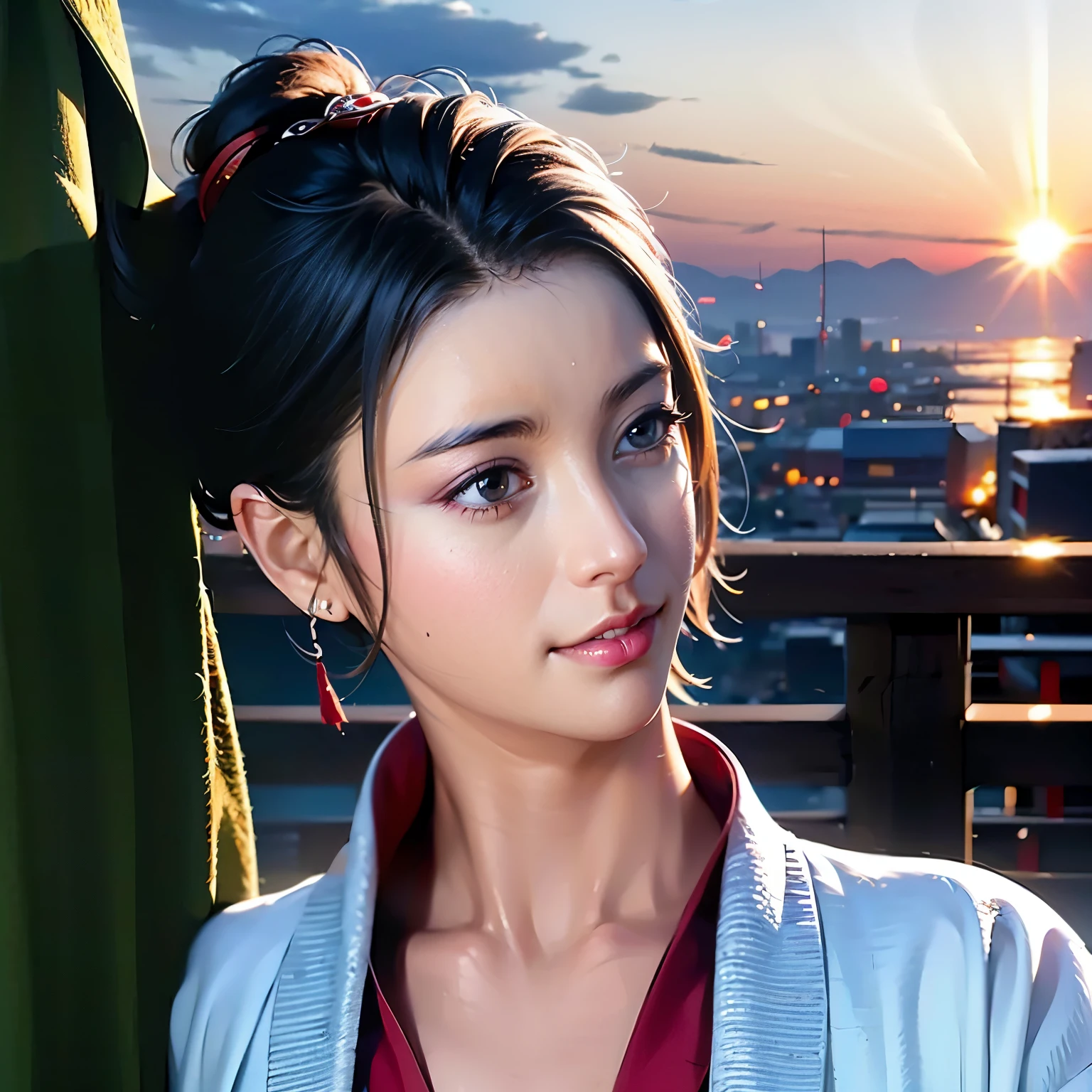masterpiece, best quality, movie still, 1girl, cloud girl, close-up, bright, happy, warm soft lighting, sunset, 1male, surprisebirthdayparty (sparks:0.7)