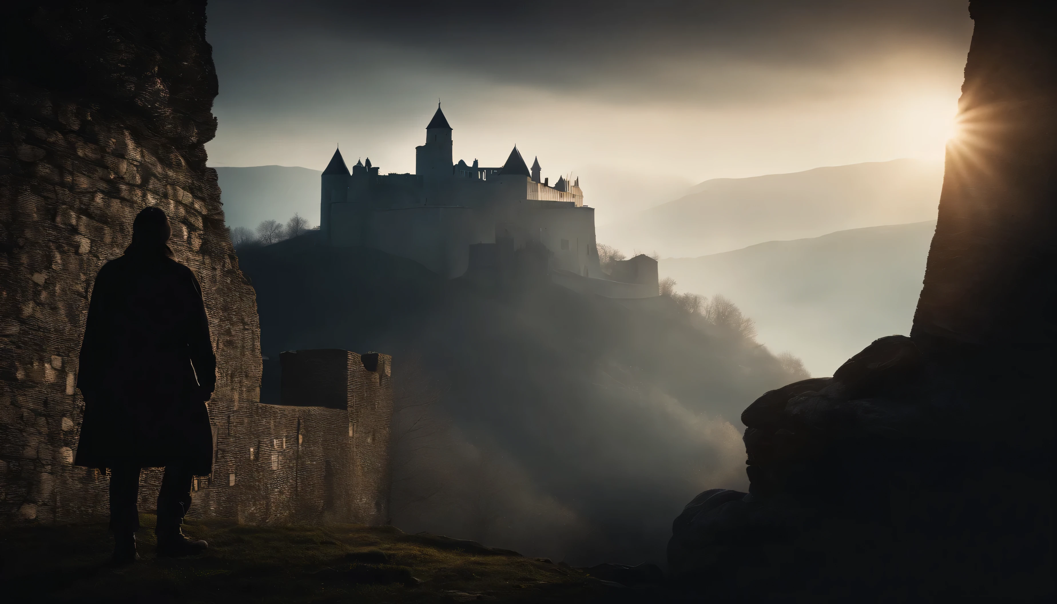 hyperrealistic, Silhouette of an explorer filled with a medieval citadel, double exposure, sharp lines