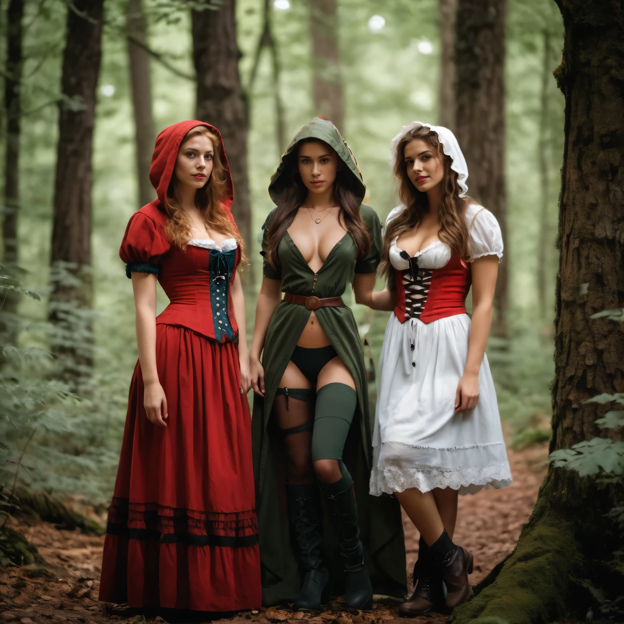 very skinny ager, fit body, slim body,18 years old, brunette, brown hair, posing, (wearing hood, laced knife on her right leg, wearing a sexy hunter outfit, dark green dress with open gap in the belly, cleavage, belt, fang necklace), serious face, perfect hands, dynamic pose, focused face, innocent, (perfect legs and feet), sexy legs, sexy feet, golden hour, high contrast, (RAW photo), photorealistic, realistic, post-processing, max detail, roughness, real life, ultra realistic, photorealism, photography, golden hours, 8k uhd, natural contour aesthetics, perfect hands, detailed heels, realism