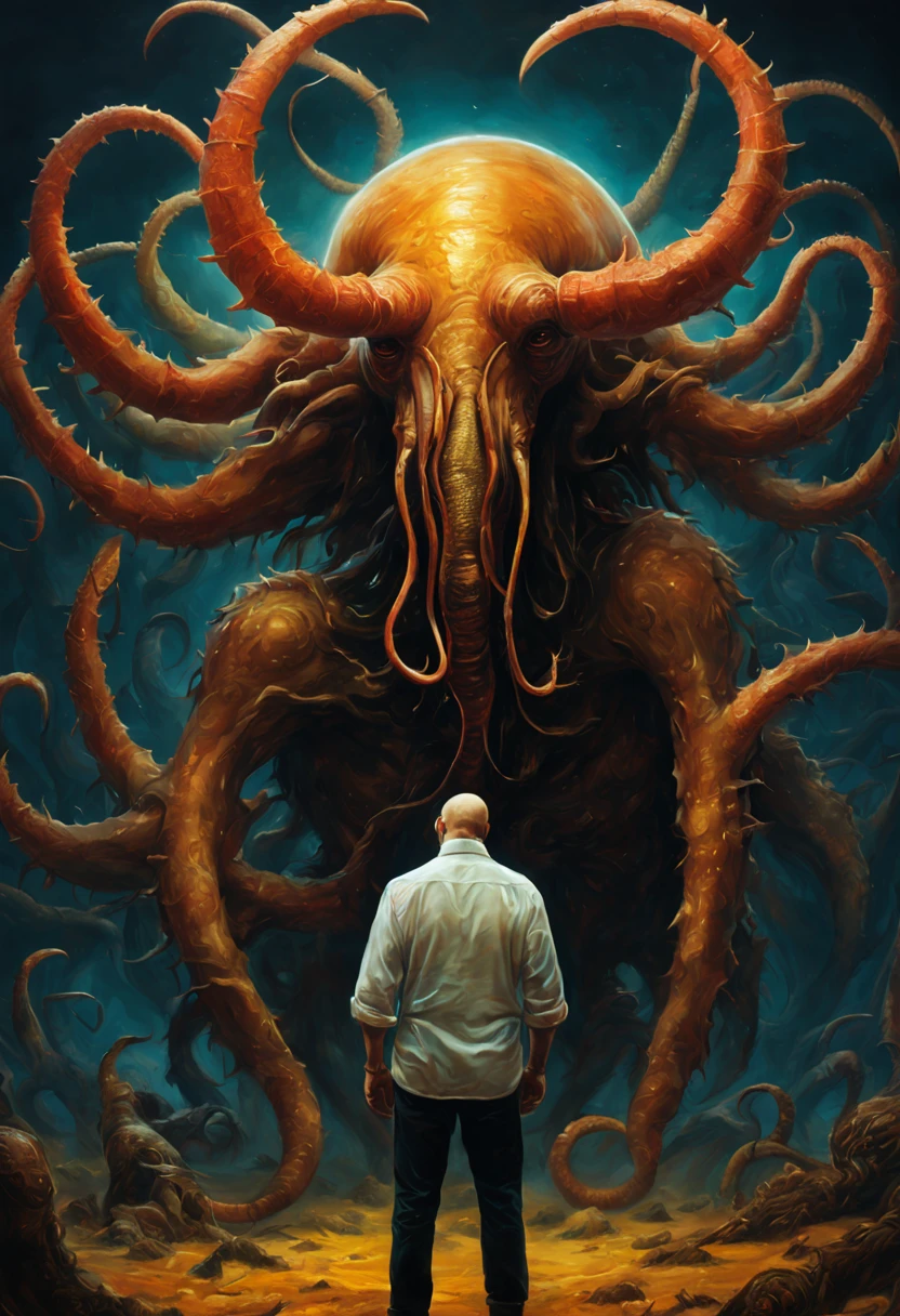 a Cancer man adoration anticipation ecstatic excited in love jealous, by Martin Wittfooth + Yaroslav Gerzhedovich, dark acrylic, sf, intricate artwork masterpiece, ominous, matte painting movie poster, golden ratio, trending on cgsociety, intricate, epic, trending on artstation, by artgerm, h. r. giger and beksinski, highly detailed, vibrant, production cinematic character render, ultra high quality model