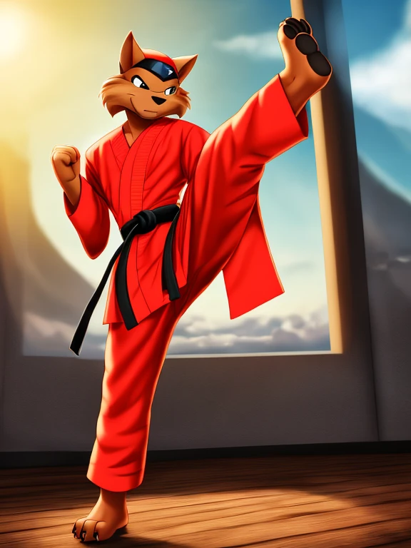 Barefoot Jason Clawson is doing a kick with his leg, wearing black karate kimono with red belt, red Headband bandana, long pants with heel grip, long karate kimono pants, training karate in gym, green glow in his eyes, brainwashed look. high resolution, anatomically correct, evening sky outside the window, swat kats character, martial art pose, heroic muay thai stance pose, fighting stance, kung-fu stance, high kick karate pose, full body action pose, black kimono, black long pants, nice big fett paws with claws