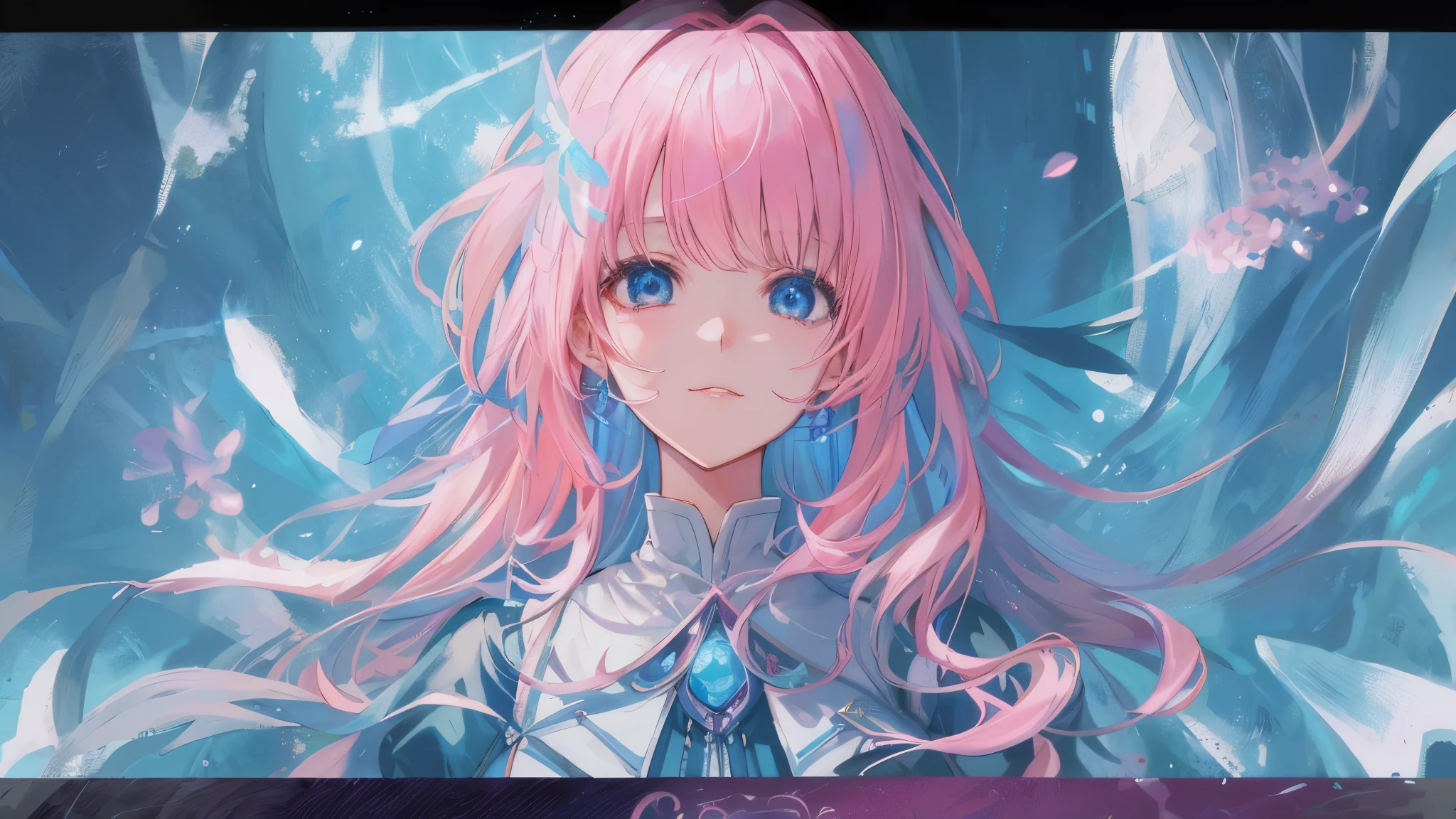 Chica anime con cabello rosado y ojos azules con un vestido azul., retrato, caballeros del zodiaco, , detailed arte animado digital, hermoso retrato animado, anime girl with cosmic hair, Cabello rosado y ojos cian., estilo anime 4k, arte animado digital, anime fantasy illustrations, anime fantasy illustration., anime in fantasy style, retrato chica anime, arte detallado del personaje de anime