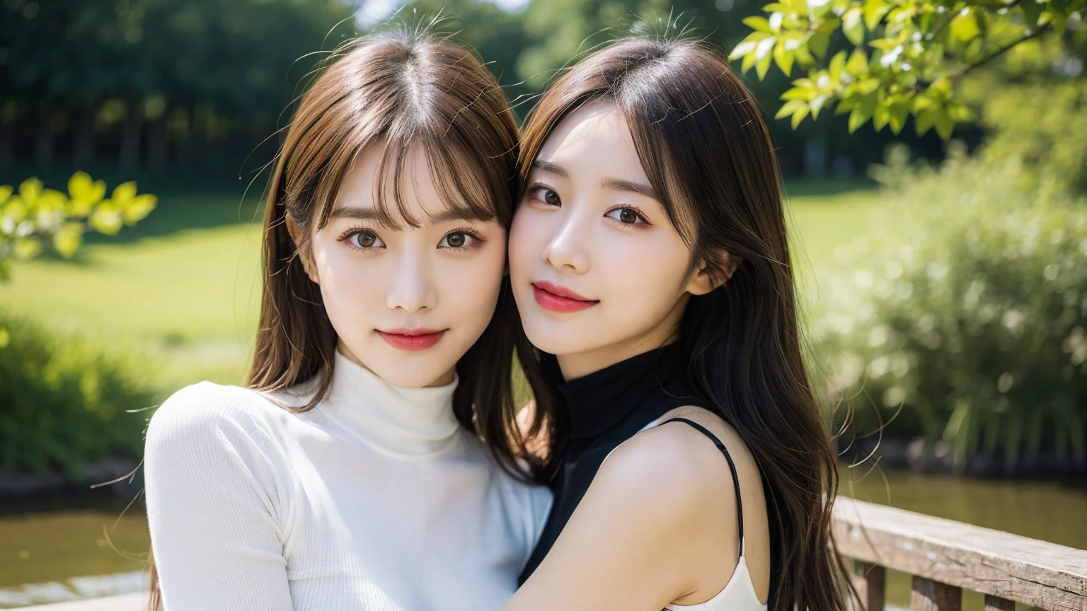 2 beautiful women hugging while standing on the wooden bridge，(High resolution 8K Raw lifelike,best quality)，Fashion trendy beautiful charming woman，gentle and charming Chinese beautiful woman，South Korea,South Korea流行偶像，Charming goose egg face，double eyelids，Skillful[The lower eyeballs are peach colored，red pink lips，small nose，The focus is on the face，face close-up，Super detailed，Alphabet and Chinese character printed turtleneck bodysuit，Bare shoulders，long hair，(Seven-part shot)，lace，lace， fresh and impressive， natural color，headlight，Normal body proportions， big breasts，tattoo，(pond，Ancient Pavilion，Ancient bridge，lotus leaf，lotus，Small island)，sunshine on face，sweet smile