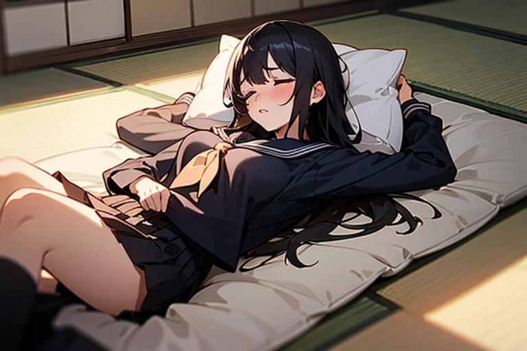 1girl, solo, pretty girl, black hair, long hair, blush, (embarrassed), large breasts,(serafuku),(black serafuku),long sleeve, (Japanese-style room), tatami, Shoji, lying, on back, pillow,((futon)) , comforter, sleeping, parted lips, (looking up:1.0), sunset, best quality, detailed, high resolution