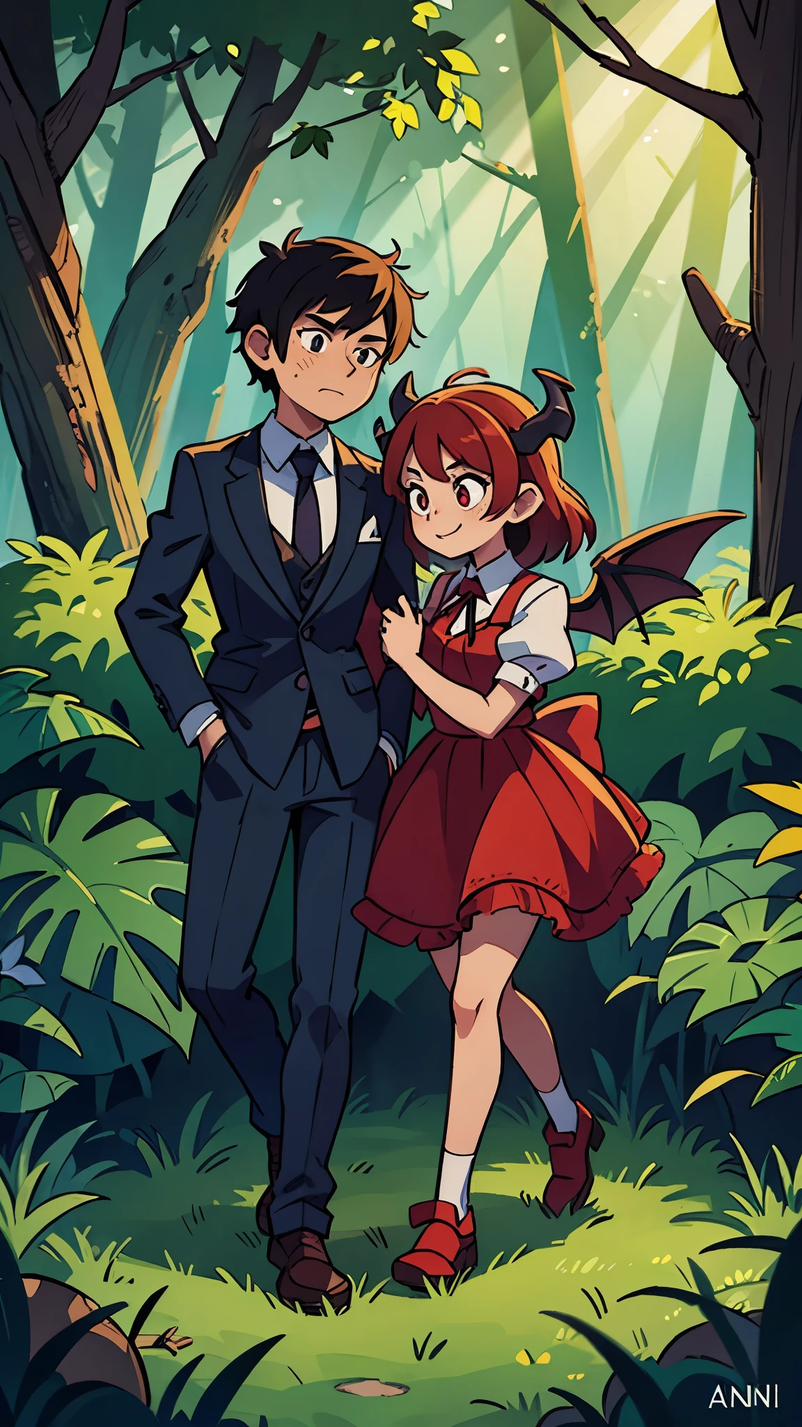 Devil and angel couple , looking at each other, in a dark forest