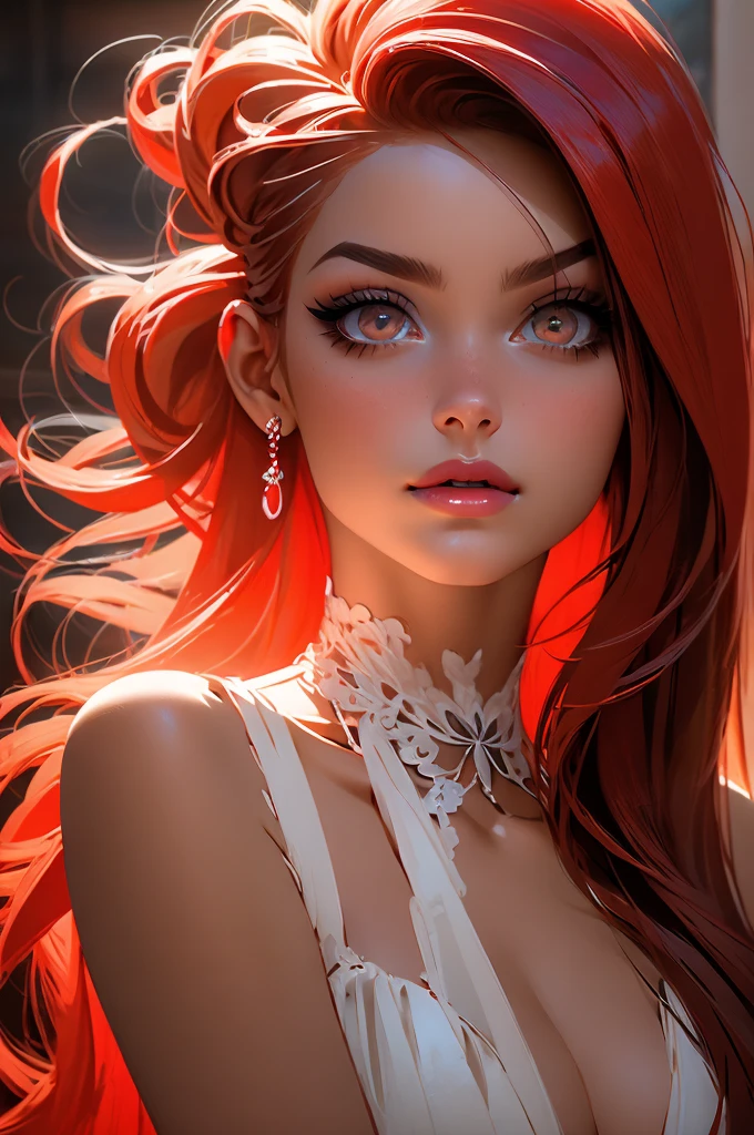 chica de pelo rojo,hermosos ojos detallados,hermosos labios detallados,cara extremadamente detallada,long eyelashes,pelo rojo que fluye,portrait or photography,pintura ultrafina,high resolution,colores realistas,colores vibrantes y vivos,Soft natural lighting in the interior of the luxury BMW E60.