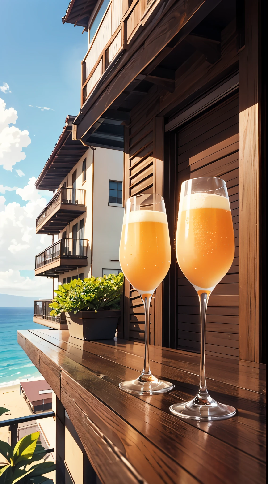 champagne mimosas and bottles on a balcony facing the beach in maui Hawaii. Straight lines, anatomically correct bodies, forks and spoons correct design, balcony railings structurally correct, anime, ghibli, 8k, 16k, ultra-detailed, ultra sharp, structurally correct, vivid, flawless, big sky