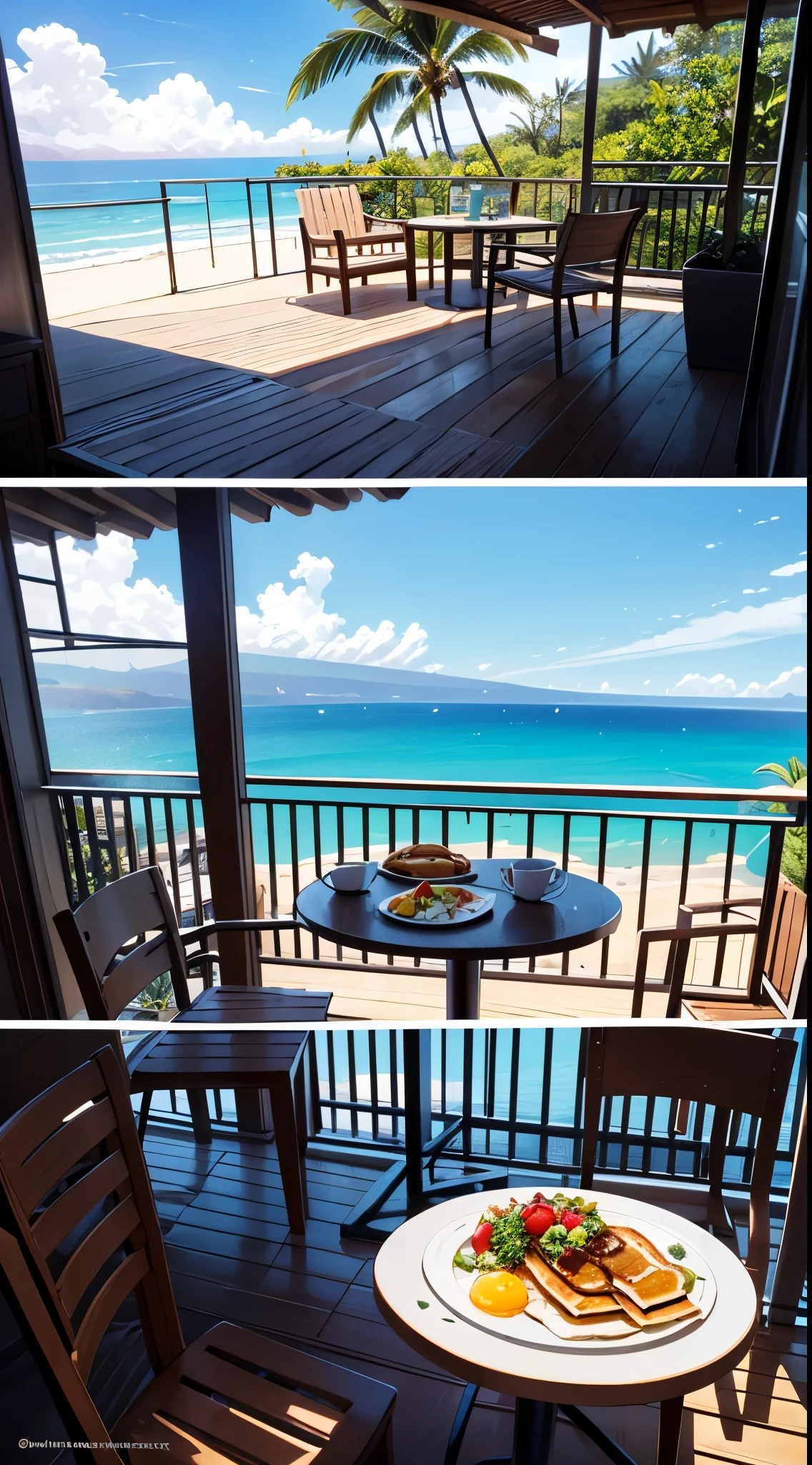 Tropical breakfast with fruit and pancakes and champagne mimosas on a balcony facing the beach in maui Hawaii. Straight lines, anatomically correct bodies, forks and spoons correct design, balcony railings structurally correct, anime, ghibli, 8k, 16k, ultra-detailed, ultra sharp, structurally correct, vivid, flawless,  big sky