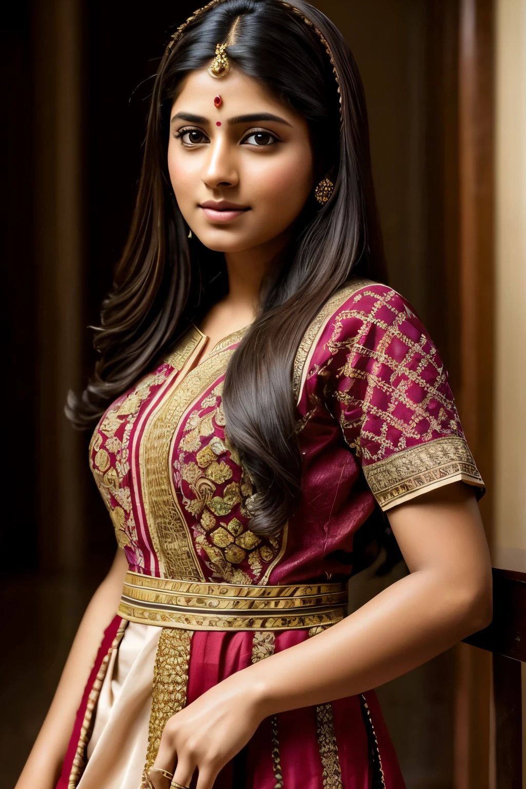 (realistic portrait:1.2),girl with detailed features,beautiful brown eyes,dark hair in a braid,delicate facial features,Indian attire, vibrant colors,detailed embroidery,flowing fabric,dreamy background,soft lighting attractive bride sitting on Sofa