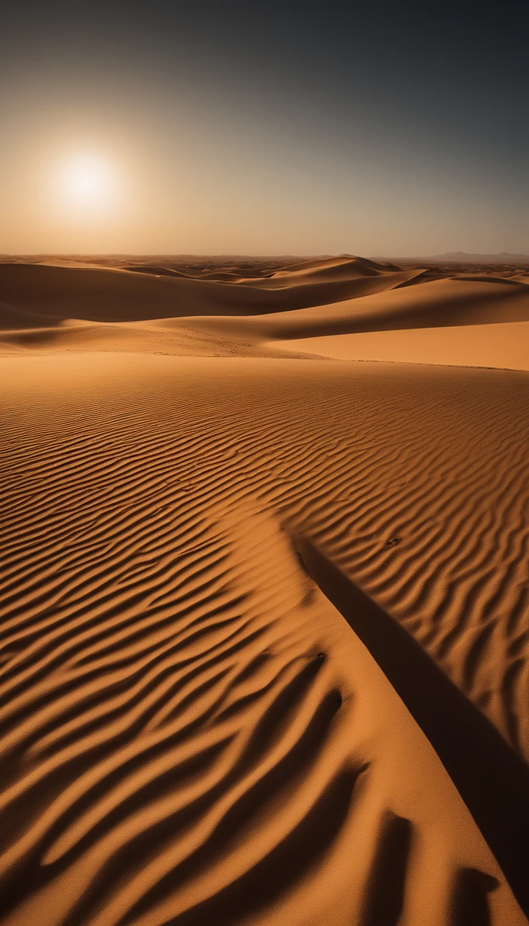 Create a visual depiction of the desolate Sahara Desert, with the sun setting on the horizon, hinting at a mysterious and eventful past.