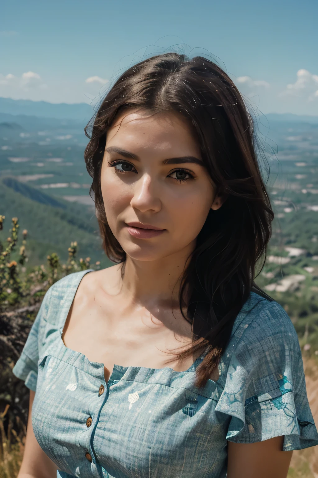 realistic woman sbeautiufl face, misterious, with dress, at mountain