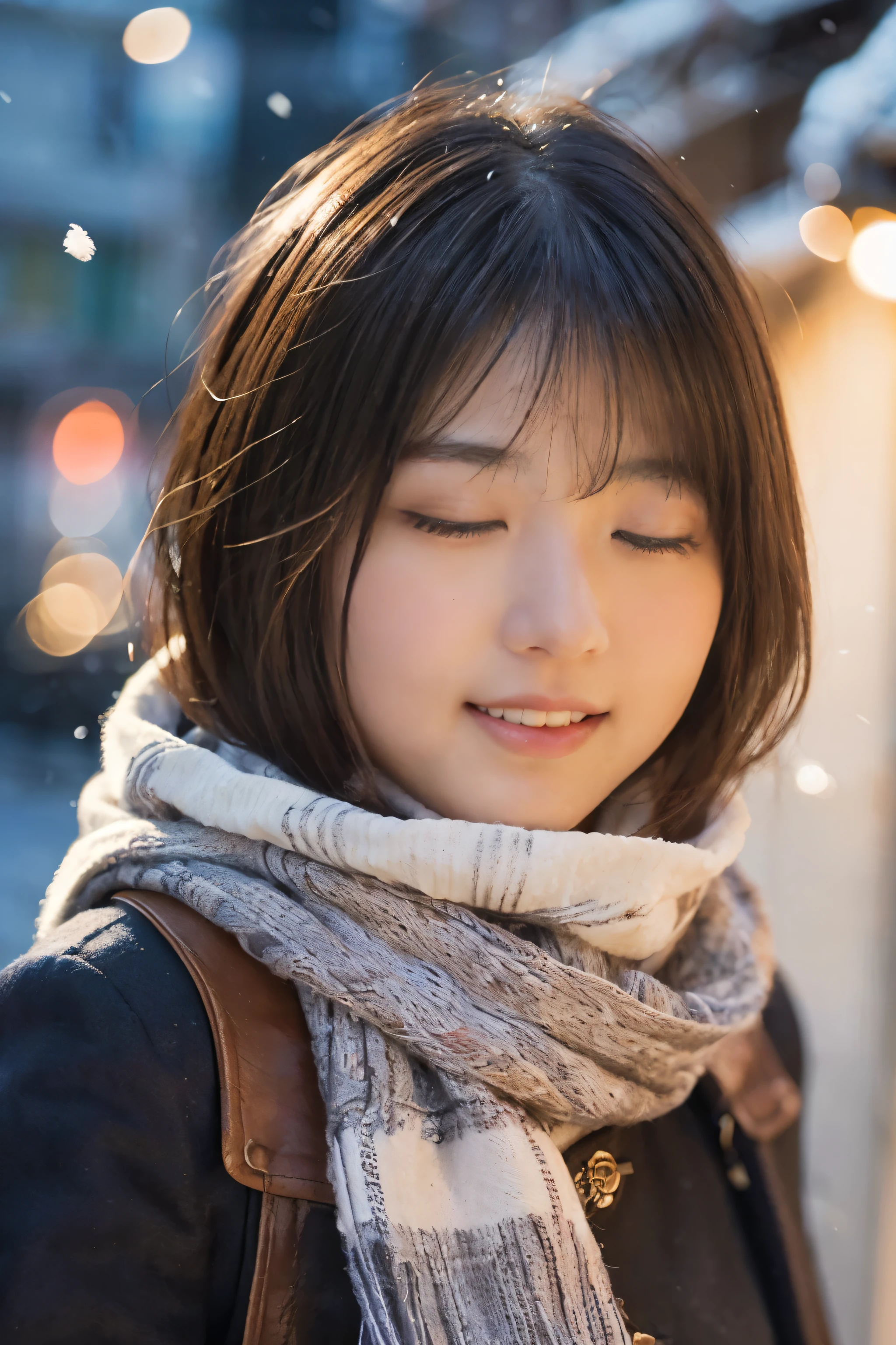 ((no makeup、close your eyes、close your mouth:1.2))、(realistic、Photoreal、Super detailed、best detailed skins、highest quality、masterpiece、ultra high resolution)、cute japanese woman、17 years old、high school girl、young girl、1 girl、have bangs、double eyelid、drooling eyes、Japanese style face、purity、double teeth、realistic肌タイプ、thick muffler、Grey muffler、fluffy hair、((hair is inside the scarf:1.3))、red cheeks、the wind is blowing、that&#39;It&#39;s snowing、night、illumination、Light is coming in from behind