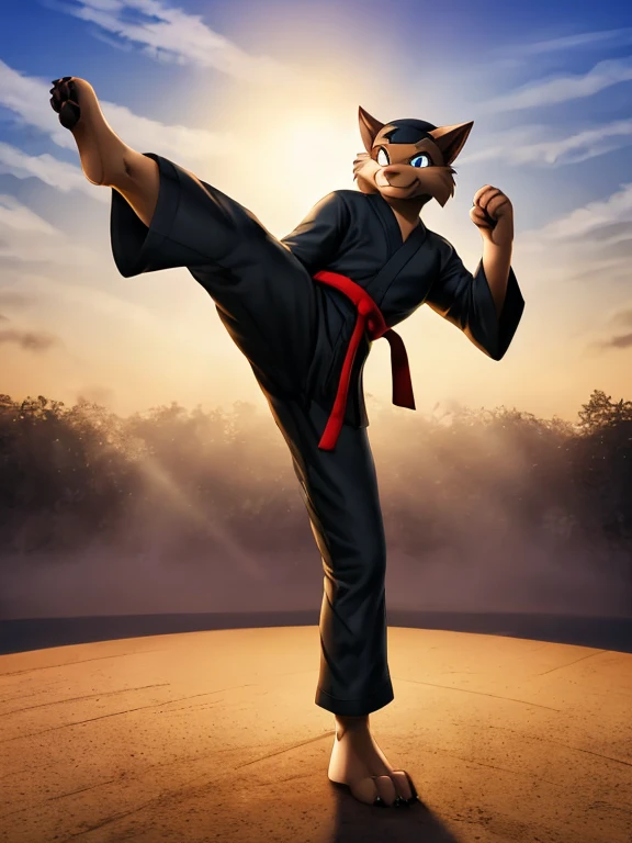 Barefoot Jason Clawson is doing a kick with his leg, wearing black karate kimono with red belt, red Headband bandana, long pants with heel grip, long karate kimono pants, training karate in gym, green glow in his eyes, brainwashed look. high resolution, anatomically correct, evening sky outside the window, swat kats character, martial art pose, heroic muay thai stance pose, fighting stance, kung-fu stance, high kick karate pose, full body action pose, black kimono, black long pants, nice big fett paws with claws, 3d art