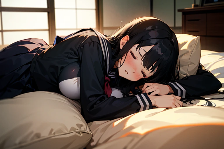 1girl, solo, pretty girl, black hair, long hair, blush, (embarrassed), large breasts,(serafuku),(black serafuku),long sleeve, (Japanese-style room), tatami, Shoji, lying, on back, pillow,((futon)) , comforter, put the duvet on, sleeping, parted lips, (looking up:1.0), sunset, best quality, detailed, high resolution