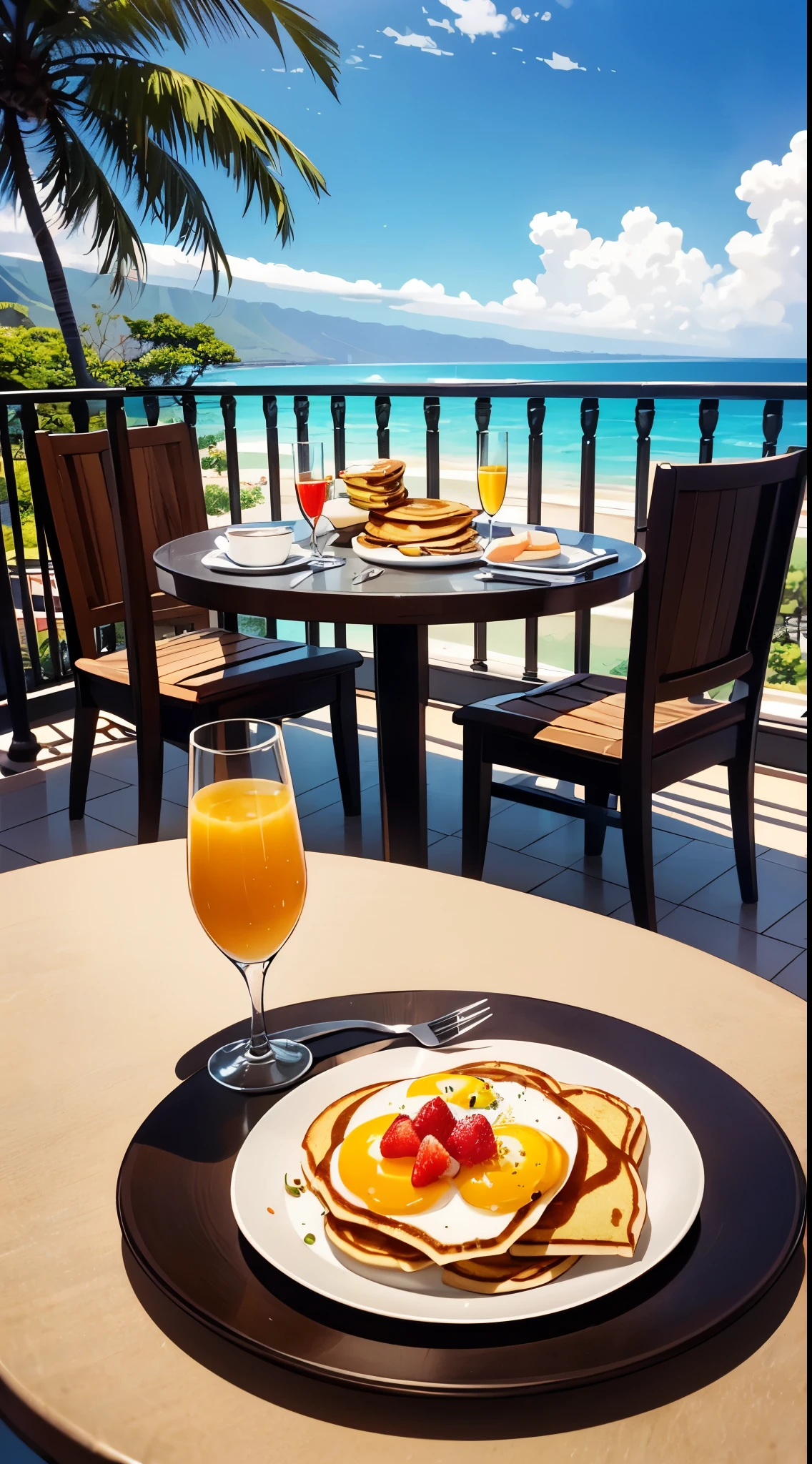 Tropical breakfast with fruit and pancakes and champagne mimosas on a balcony facing the beach in maui Hawaii. Straight lines, anatomically correct bodies, forks and spoons correct design, balcony railings structurally correct, anime, ghibli, 8k, 16k, ultra-detailed, ultra sharp, structurally correct, vivid, flawless
