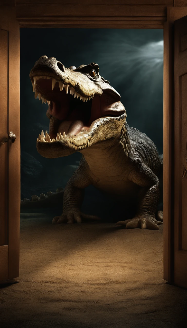Illustrate the 2009 scene where fossil hunters unlock the door to the prehistoric world, with the focus on the fossilized ancient crocodile with large legs. Hyper-Realistic