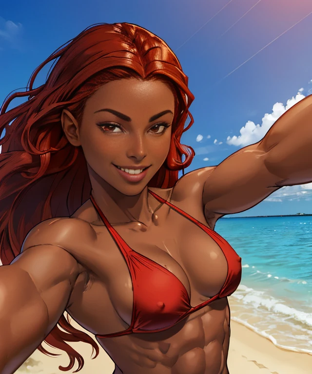 [nudity, explicit] nsfw, woman, (dark skin:1.3), (perfect face), defined jawline, beautiful lips, (beautiful smile, cute cheerful facial expression), (beautiful bright red eyes), (long flowing red hair), (perfect anatomy), (athletic body), (sexy), abs, smooth armpits, (tiny, micro black bikini, nip slip), (arms reaching out), (selfie photograph:1.2), (tropical beach background), realistic