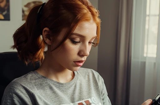 Hot ginger women with fit body. Pretty face. Brown eyes. Light make-up. Ginger hair in ponytail. Sweatpants and shirt. Headset on her head. Gaming. Ginger women playing a game. High-quality. Perfection. 